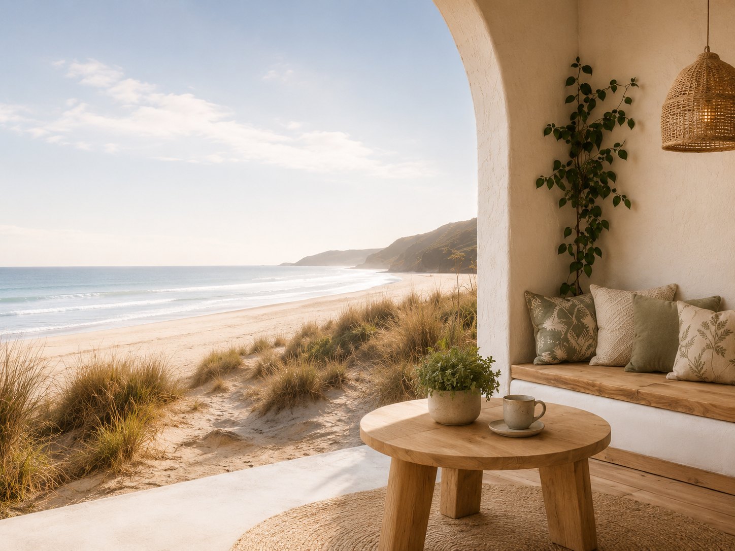 A warm coastal café-style room with an arched opening, cushioned bench, round wooden table and view across a quiet beach
