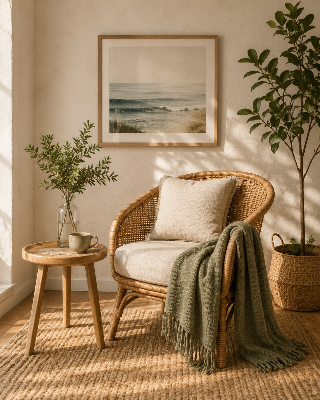 Warm coastal-inspired counselling room with a rattan chair and plants